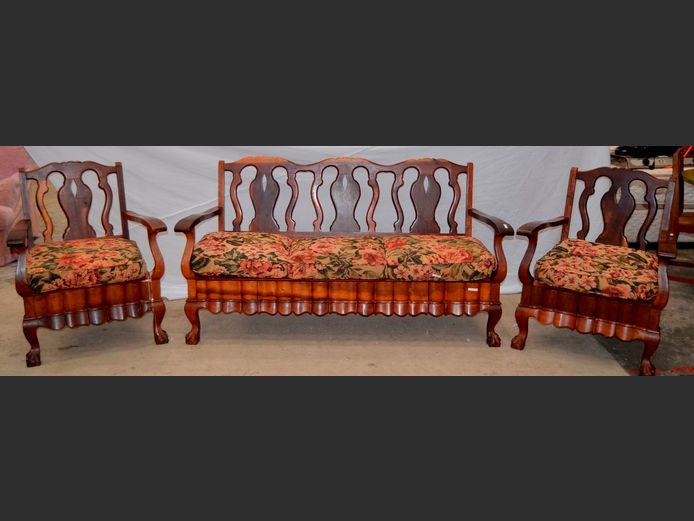 STINKWOOD BALL & CLAW 3-PIECE, 5-SEATER LOUNGE SUITE WITH FLORAL UPHOLSTERED CUSHIONS [Repaired]