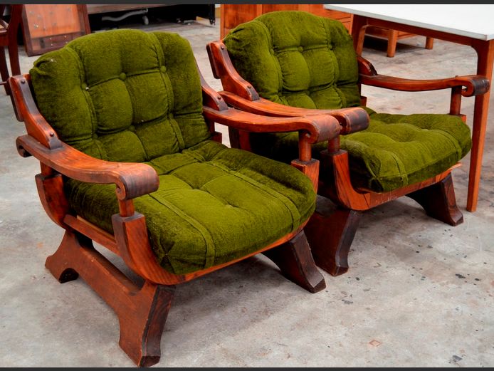 PAIR PINE ARMCHAIRS WITH GREEN CUSHIONS