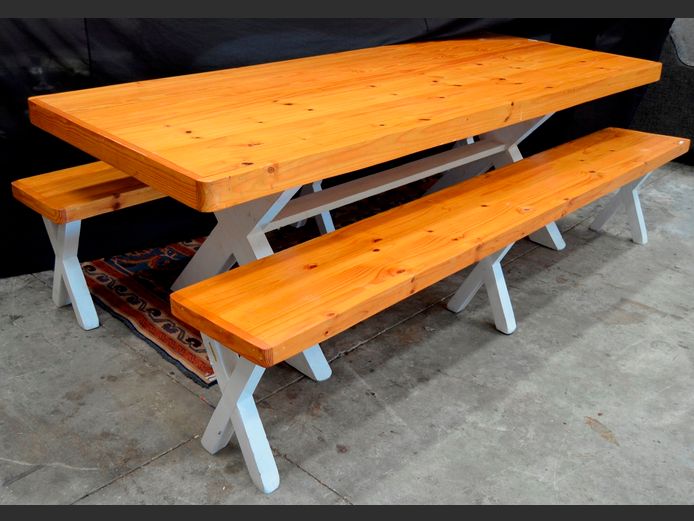 PINE 10-SEATER DINING TABLE WITH 2 BENCHES. Table = 239 x91 x 78cm & Benches = 244 x 37 x 48cm