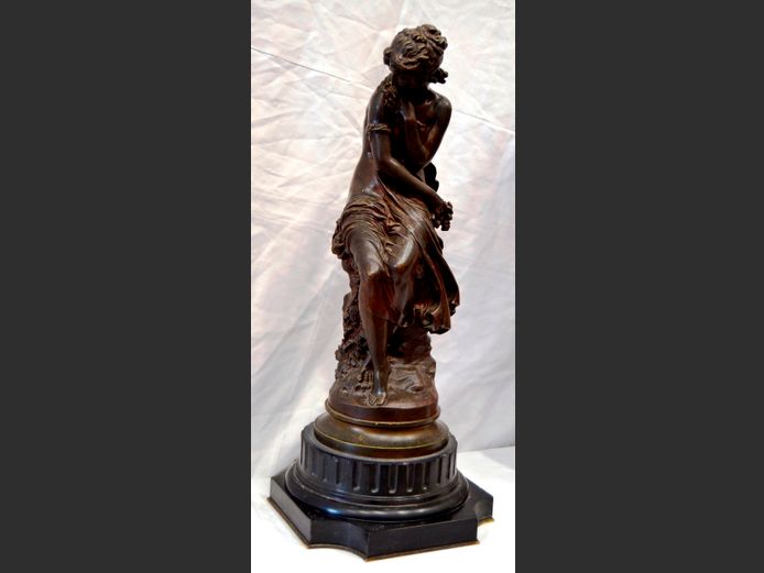 19th BRONZE FIGURINE OF A LADY ON MARBLE BASE SIGNED MATH MOREAU [French, 1822-1912], 61cm High