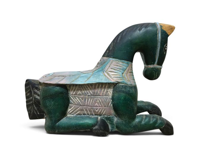Hand-Carved Polychrome Wooden Recumbent Horse Sculpture