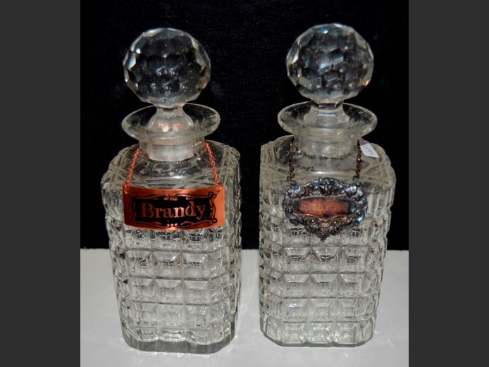 PAIR CUT GLASS DECANTERS WITH STOPPERS, 22cm High