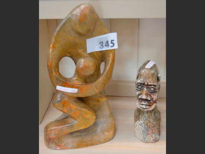 SOAPSTONE: MOTHER & CHILD FIGURINE & BUST OF AN AFRICAN MAN, 34cm High & 18cm High