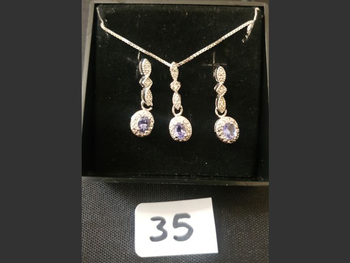 STERLING SILVER 925 NECKLACE & EARRING SET WITH TANZANITES & DIAMONDS