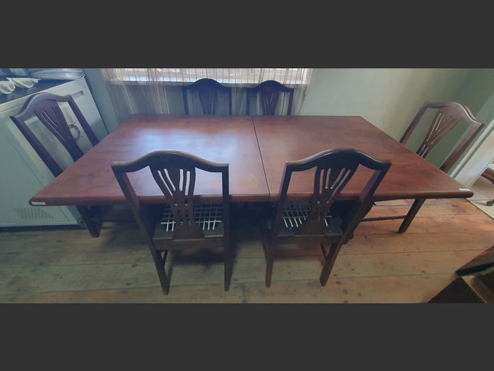 IMBUIA EXTENSION DINING TABLE WITH 6 MATCHING RIEMPIE SEAT CHAIRS