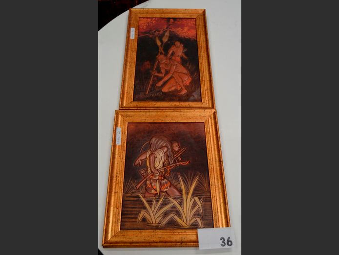 PAIR GILT FRAMED COPPER KHOISAN HUNTER PICTURES, 32 x 17cm & 25 x 18cm