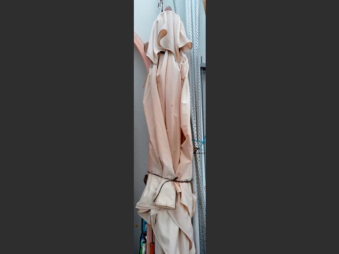 LARGE CREAM PATIO UMBRELLA [Some tears to canvas, NO Stand]