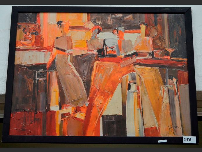 FRAMED ABSTRACT OIL ON CANVAS, 100 x 75cm [Damage to frame]