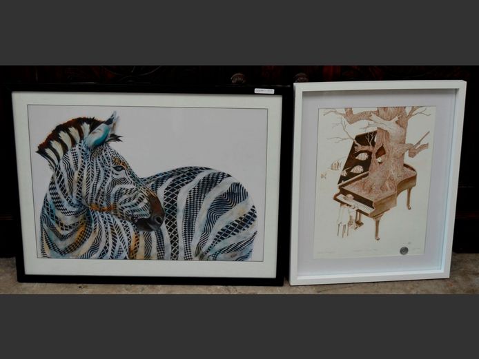 FRAMED PRINT "SURREALIST PIANO MAN" SIGNED DAVID GRIESSEL & A FRAMED PRINT OF A ZEBRA, 57.5 x 40cm & 40 x 29.5cm