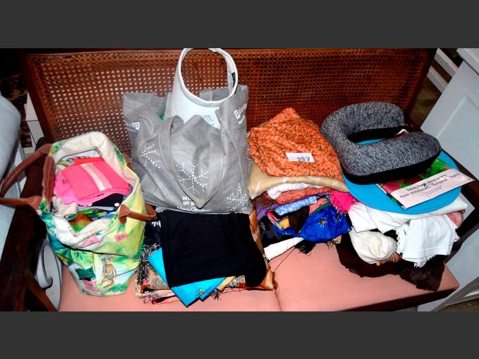 ASSORTED CLOTHING, SCARVES, TRAVEL PILLOW, etc