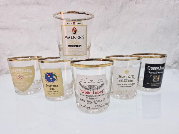 Set of 6 Collectible Whiskey Glasses with Gold Gilt Rims
