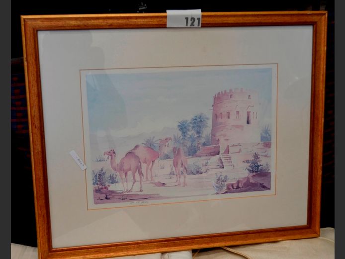 GILT FRAMED PRINT "CAMELS" SIGNED D. WEGERA, 38.5 x 26.5cm