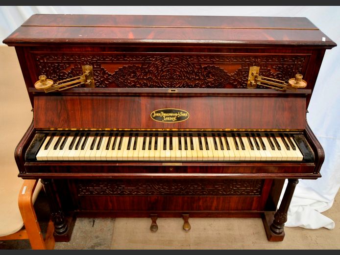 JOHN BROADWOOD & SONS LONDON PIANO WITH BRASS CANDELABRA, 139 x 59 x 118cm