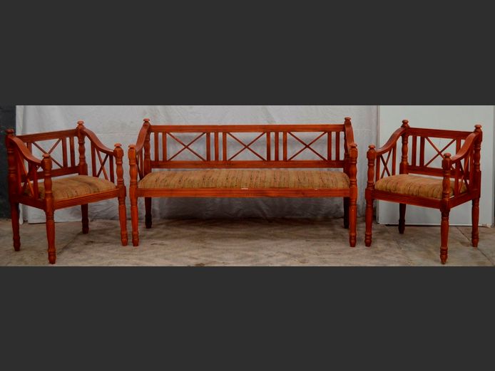 YEW WOOD 3-SEATER SETTEE WITH PAIR MATCHING ARMCHAIRS [Scratched, needs a good clean] [1,27]