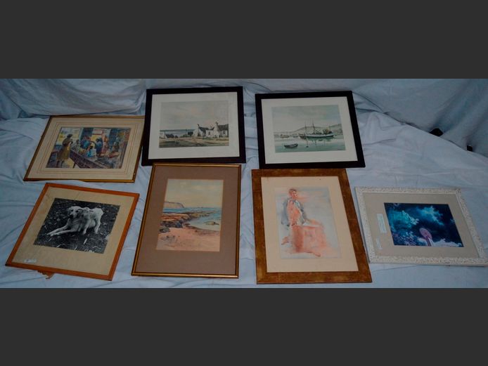 FRAMED WATERCOLOUR "SHOPKEEPER", PORTRAIT, OCEAN SCENE, etc [Glass cracked to 1]