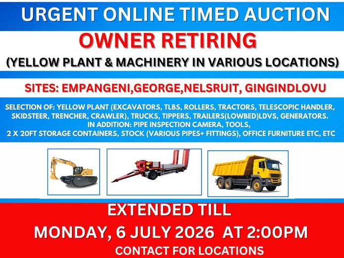 URGENT ONLINE TIMED AUCTION - PLANT & MACHINERY - EXTENDED TILL MONDAY, 6 JULY 2026 AT 2:00PM 