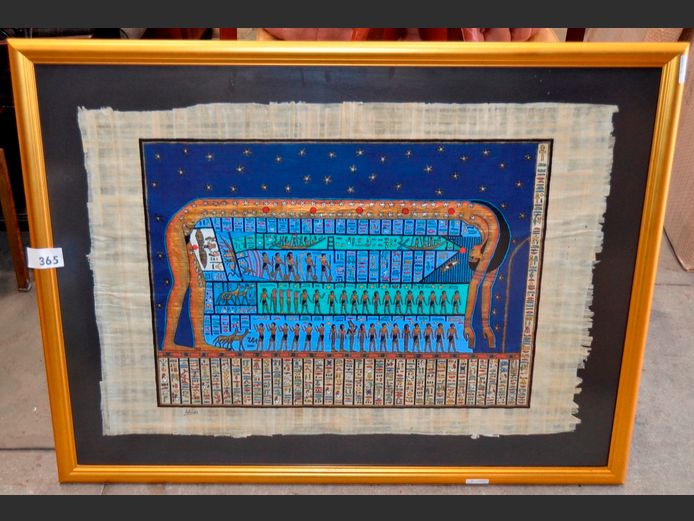 GILT FRAMED PAPYRUS PAINTING "WORLD EXPERIENCE", 73 x 53cm