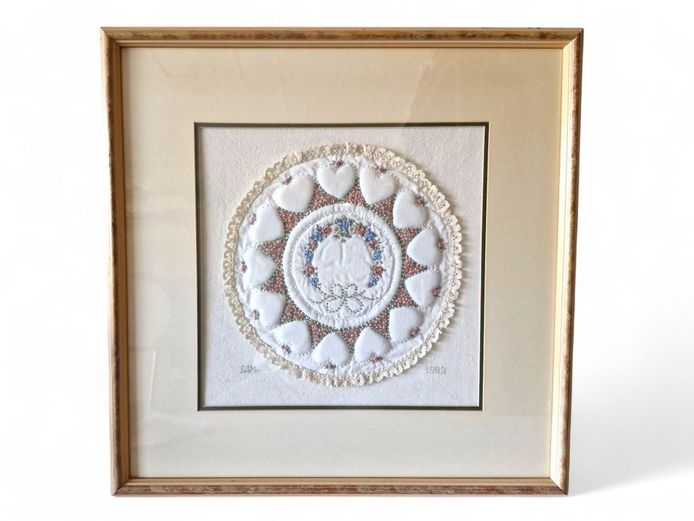 Hearts Framed 1992 Embroidered Textile Art