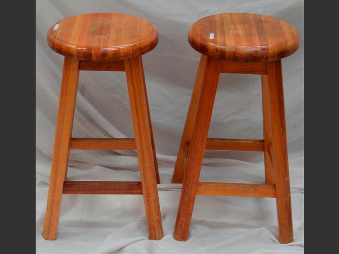 PAIR TEAK BAR STOOLS, 65cm High [Some scratches]