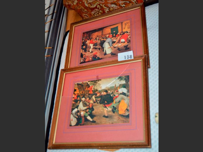 PAIR OAK FRAMED PRINTS, 26.5 x 20.5cm [Glass cracked]