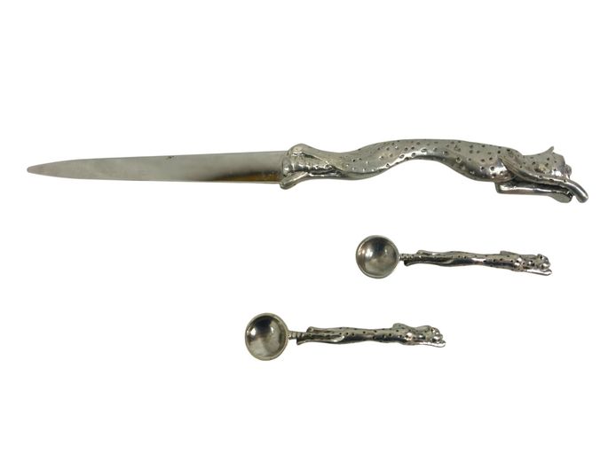 Diana Carmichael Cheetah Motif Letter Opener and Matching Spoons Set