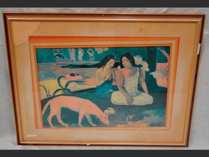 GILT FRAMED PRINT "LADIES & DOG", 56 x 39cm [Glass broken]