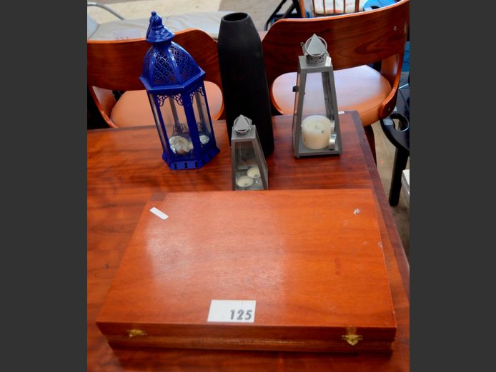 MOROCCAN STYLE HANGING LANTERN & OTHERS, BLACK CERAMIC VASE & A CUTLERY CANTEEN [No contents]