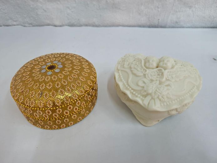 Gold-Tone Embellished and Ceramic Cherub Heart-Shaped Trinket Boxes