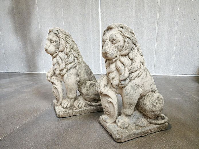 Pair of Seated Heraldic Concrete Lion Garden Statues