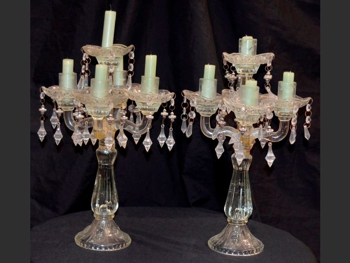 PAIR CRYSTAL & GLASS 5-ARM CANDELABRA, 38cm High