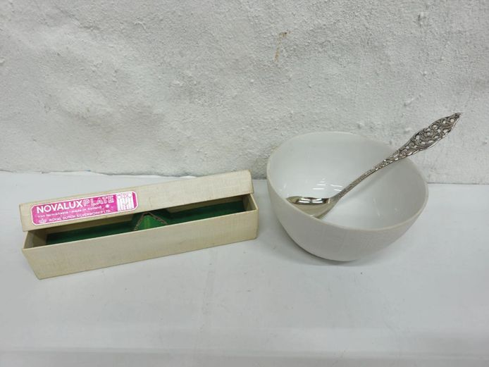 Heinrich German Porcelain Bowl & Novalux Silverplate Sugar Spoon