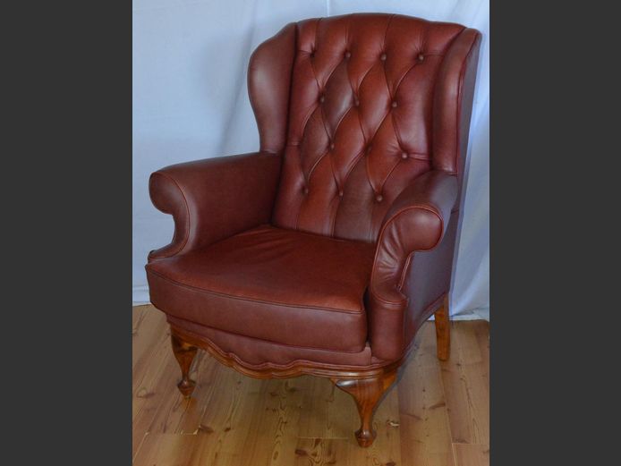 CHESTERFIELD DARK RED LEATHER WINGBACK ARMCHAIR [Sun bleached in places]