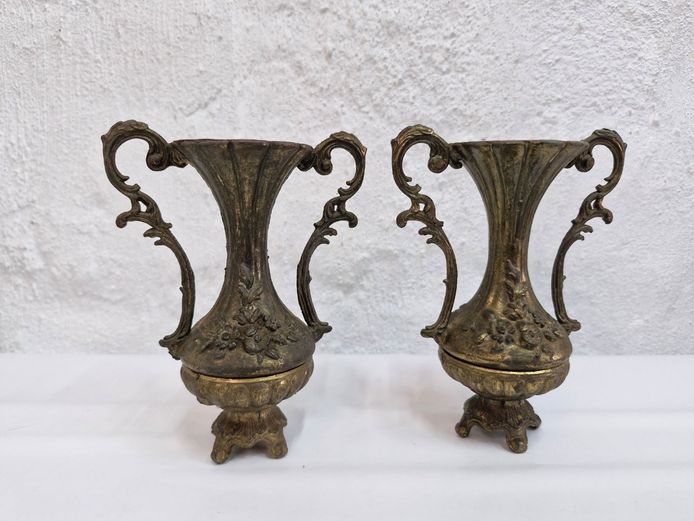 Pair of Ornate Brass Urn Vases with Handles
