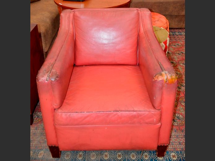 BURGUNDY LEATHER ARMCHAIR WITH STUD DETAIL [Needs re-covering]