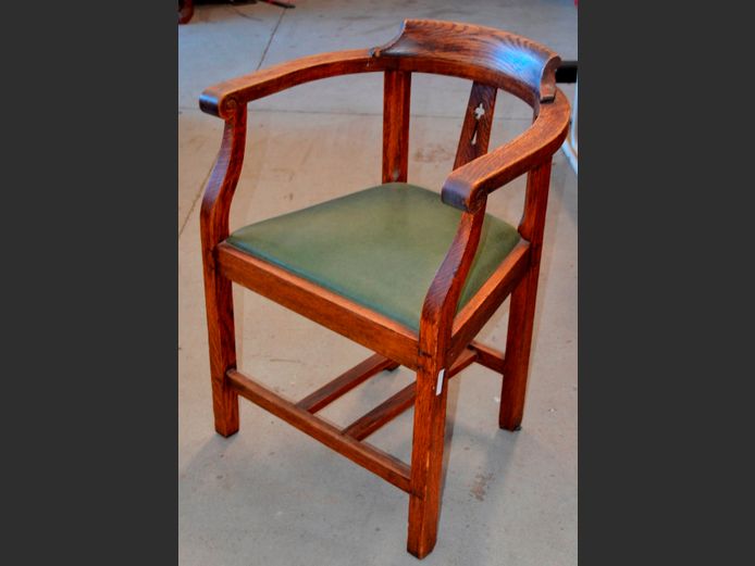 VINTAGE ENGLISH OAK TUB CHAIR WITH VINYL UPHOLSTERED SEAT