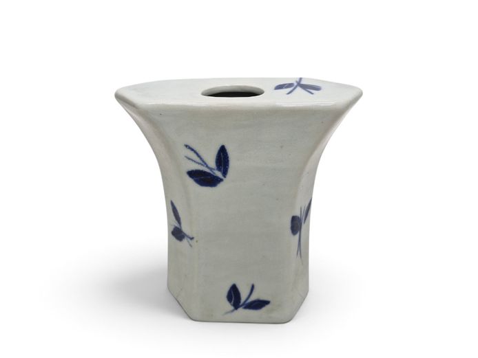 Vintage Hand-Painted Blue & White Studio Ceramic Ikebana Vessel