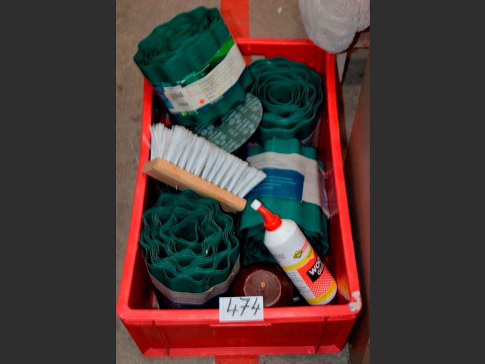 PLASTIC LAWN EDGES, WOOD GLUE, etc IN RED PLASTIC CONTAINER