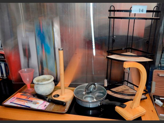 WOOD & TUBULAR STEEL CORNER SPICE RACK, PAPER TOWEL HOLDER, POACHING PAN, etc
