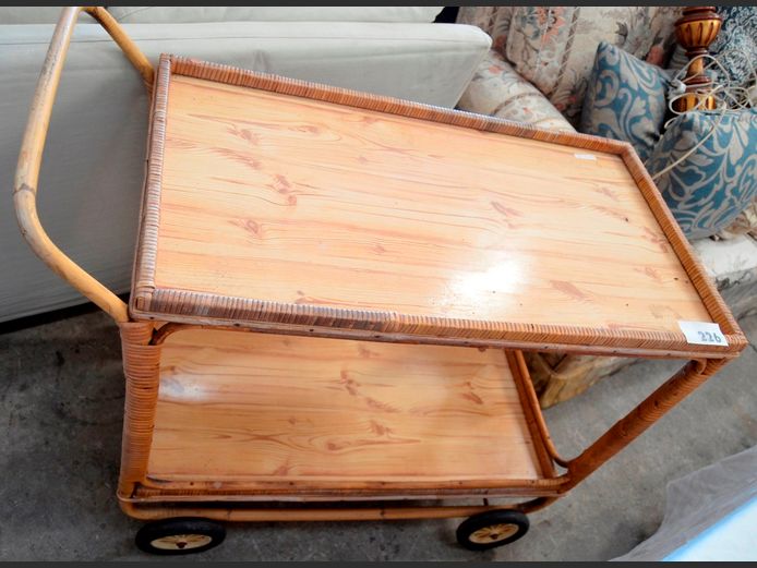 CANE & MELAMINE 2-TIER TEA TROLLEY, 92 x 47 x 80cm