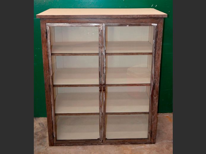 WASHED OAK & METAL DOOR GLASS FRONT DISPLAY CABINET