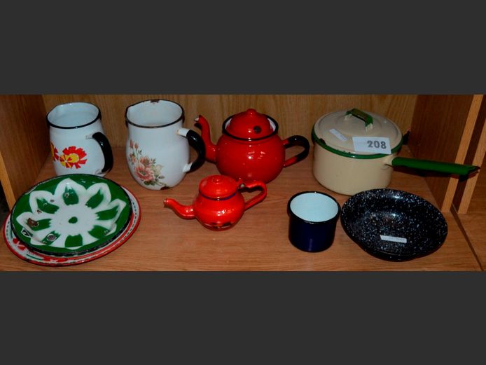 VINTAGE ENAMEL: TEAPOTS, SAUCEPANS WITH LIDS, JUG, etc