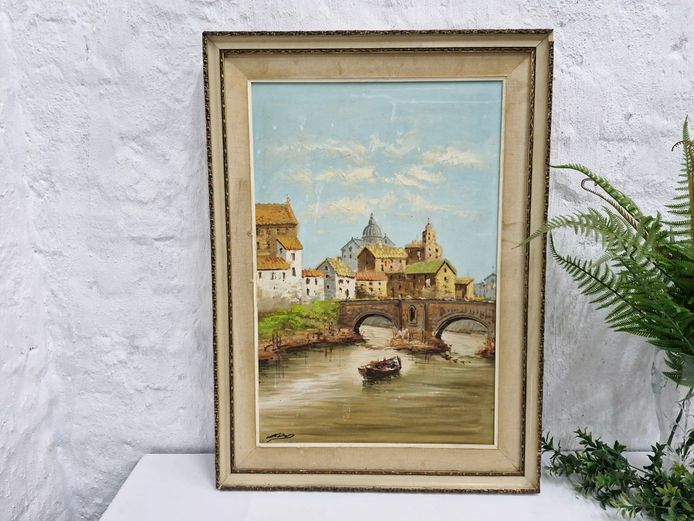 Vintage European River Scape Signed Original Oil Painting