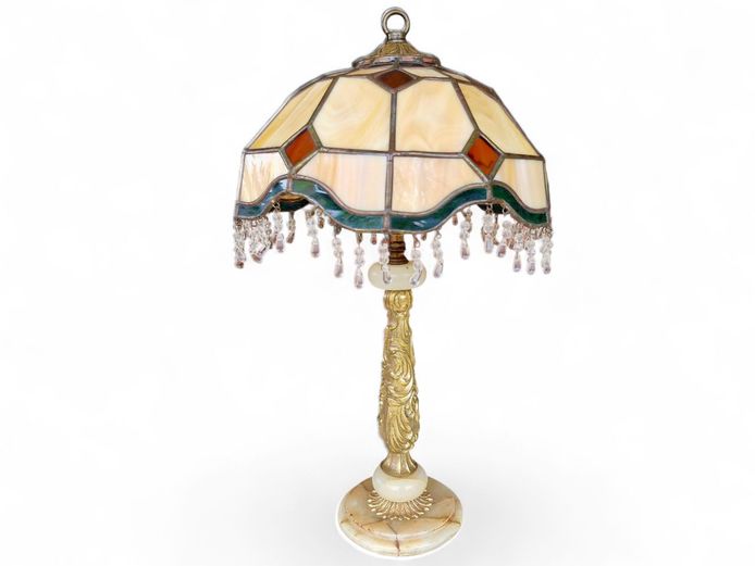 Antique Tiffany-Style Onyx & Brass Table Lamp