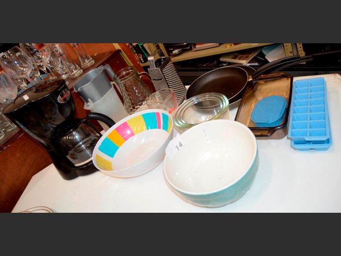 SINGER COFFEE MACHINE [Switches on, untested further], FRYING PANS, BOWLS, GRATER, etc [8,20]