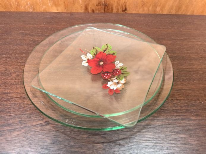 Floral Glass Plate and Round Domed Clear Glass Dish Set