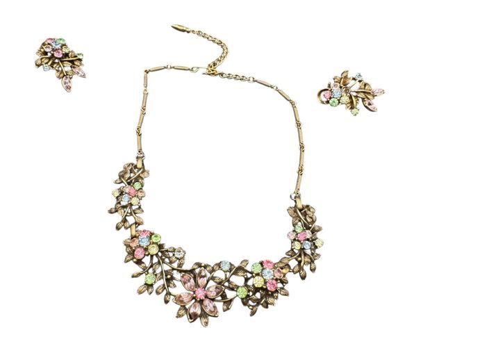 Vintage Pastel Rhinestone Floral Costume Jewellery Set