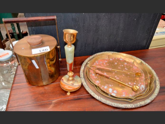 BRASS ICE BUCKET WITH LID [Damaged], ONYX & BRASS PLATE LAMP BASE, TRAYS, etc