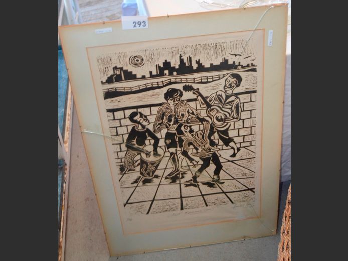 FRAMED, SIGNED & NUMBERED 20/75 LINOCUT PRINT BY FRANK T. BROWN, 61 x 46cm [Glass cracked]