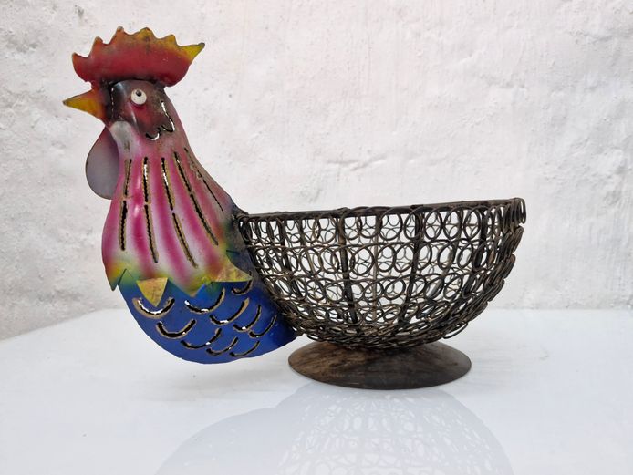 Vintage Painted Metal Rooster Egg Basket