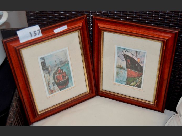 PAIR DARKWOOD & GILT FRAMED & PENCIL SIGNED SHIP PRINTS, 14.5 x 9cm